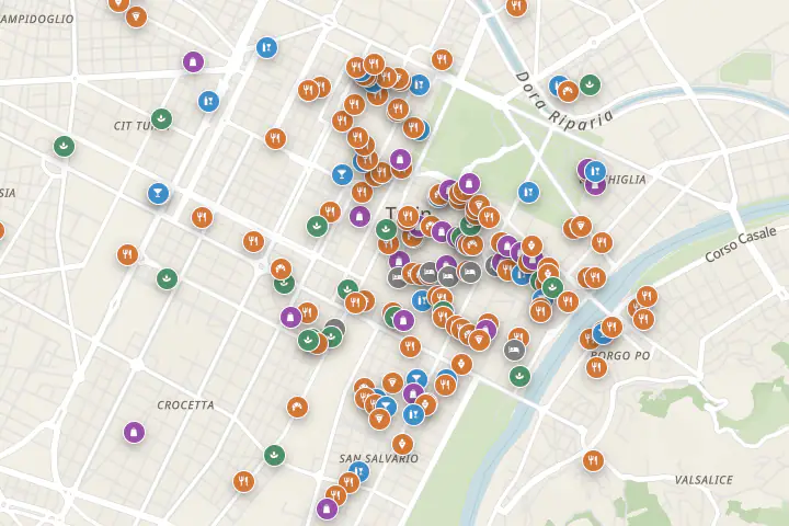 Mappa del centro di Torino con i posti di around me